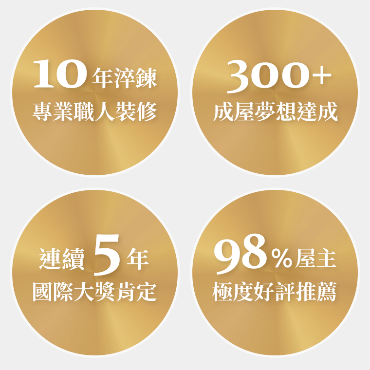 10年淬鍊-專業職人裝修。300+成屋夢想達成。連續5年國際大獎肯定。98%屋主極度好評推薦。